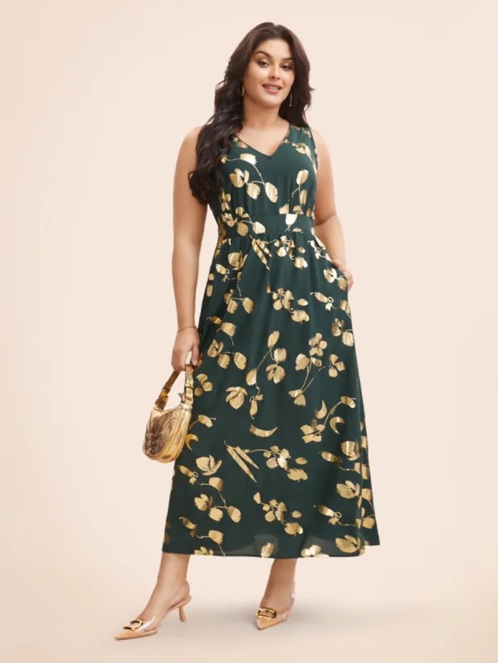 BloomChic 30 dark green Maxi Dress with Gold Floral Accents